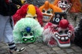 Closeup of traditional carnival masks posing on the floor before the carnival