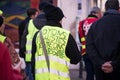 people protesting with yellow vest with text against the government reforms Royalty Free Stock Photo