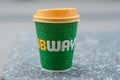 cup of coffee from subway brand abandonned in the street - subway is the american famous brand of fast food si