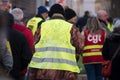 People protesting with yellow vest with pirate drawing against the government reforms Royalty Free Stock Photo