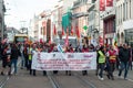 People from public service protesting with flags against the lower wages and new reforms from the government Royalty Free Stock Photo