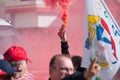 People from public service protesting with flags and smoke against the lower wages and new reforms from the government Royalty Free Stock Photo