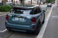 Rear view of blue mini cooper countryman parked in the street Royalty Free Stock Photo