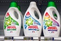 Closeup of detergent bottle from Ariel brand at Super U supermarket