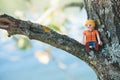 Playmobil figurine sitting on tree branch in outdoor