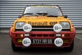 Front view of ancient Renault 5 alpine rally car parked in the street