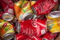 Closeup of coca cola and lipton ice tea can for recycling