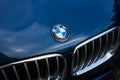Closeup of the front gril of  blue bmw X3 parked in the street Royalty Free Stock Photo