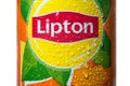 Closeup of Lipton ice tea can with drops of water on white background Royalty Free Stock Photo