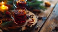 Mulled wine in beautiful glasses, fruits, oranges, cinnamon, a festive and cozy atmosphere. Photorealistic, background with bokeh