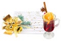 Mulled wine and Christmas decorations isolated on white. Collage Royalty Free Stock Photo