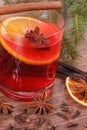 Mulled wine for christmas or winter evening with spices and spruce branches Royalty Free Stock Photo