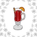 Mulled wine with cinnamon and an orange slice. anise spice and cloves. white background. Hand drawing. Vector illustration