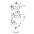 Mulled wine with flying ingredients cinnamon sticks,anise stars and citrus Line art drawing vector illustration.