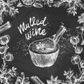 Vector chalk sketch drawing set. Mulled wine ingredients. Mulled wine glass, orange slice, cotton, cardamom, star anise Royalty Free Stock Photo