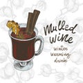 Vector sketch drawing illustration. Mulled wine on cotton background. Mulled wine glass, orange slice, cotton, cardamom Royalty Free Stock Photo