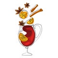 Mulled wine with glass and flying ingredients vector hand drawn illustration .Cinnamon stick, anise stars,orange slice.