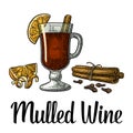 Mulled wine with glass and ingredients.