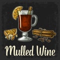 Mulled wine with glass and ingredients.