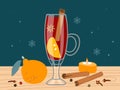Mulled wine glass with ingredients on wooden table. Winter hot wine drink with spices isolated for menu, cafe, market Royalty Free Stock Photo