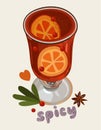 Mulled wine in glass transparent cup. With slices of orange, cinnamon and cranberries. Royalty Free Stock Photo
