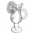 Mulled wine gluhwein with cinnamon and orange slice in glass. Hand drawn vector illustration in sketch doodle style. Winter