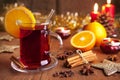 Mulled wine or glÃÂ¼hwein on a rustic table