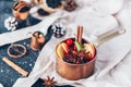 Mulled wine hot drink with citrus and spices Royalty Free Stock Photo