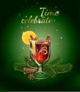 Mulled wine illustration postcard. Xmas drink.