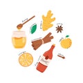 Mulled wine ingredients - apple, gingerand cinnamon - flat vector illustration isolated on white backround.