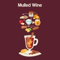 Mulled wine ingredients, recipe with glass and ingredients. Cinnamon stick, clove, lemon and orange slice. Isolated on Royalty Free Stock Photo