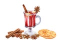 Mulled wine ingredients watercolor illustration. Hand drawn winter warm spicy punch. Mulled red wine with cinnamon, star