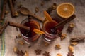 Mulled wine on jute in glasses Royalty Free Stock Photo