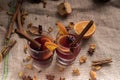 Mulled wine on jute in glasses Royalty Free Stock Photo