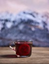 Mulled wine with mountains in background Royalty Free Stock Photo