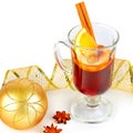 Mulled wine with orange, cinnamon sticks, anise isolated on white background. Christmas decorations Royalty Free Stock Photo