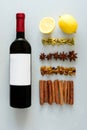 Mulled wine recipe ingredients on gray wooden table. Christmas or winter warming drink. Royalty Free Stock Photo