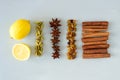 Mulled wine recipe ingredients on gray wooden table. Christmas or winter warming drink. Royalty Free Stock Photo