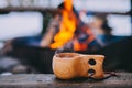 Mulled wine served from finnish wooden cup