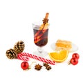 Mulled wine, spices and Christmas decorations isolated on white background Royalty Free Stock Photo