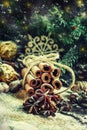 Mulled wine spices in the Christmas or New Year decoration with Royalty Free Stock Photo