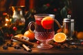 Mulled wine still life on wood table, generative AI