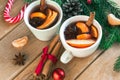 Mulled wine. Traditional Christmas and winter drink with red wine, citrus and spices and Christmas decorations