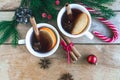 Mulled wine. Traditional Christmas and winter drink with red wine, citrus and spices and Christmas decorations