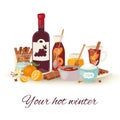 Mulled wine winter and Christmas hot drink vector illustration. Mulledwine cocktail with spices anise, citrus fruit and Royalty Free Stock Photo