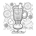 Mulled wine winter hot drink. Outline vector illustration