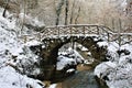 Mullerthal, Luxembourg - January 2024 - Bridge over a small river in the forest under snow Royalty Free Stock Photo