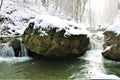Mullerthal, Luxembourg - January 2024 - A small river in the forest under snow Royalty Free Stock Photo