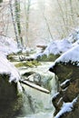 Mullerthal, Luxembourg - January 2024 - A small river with ice in the forest under snow Royalty Free Stock Photo