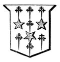 Mullets and Cross Crosslets are part of an escutcheon between the chief and the base, vintage engraving